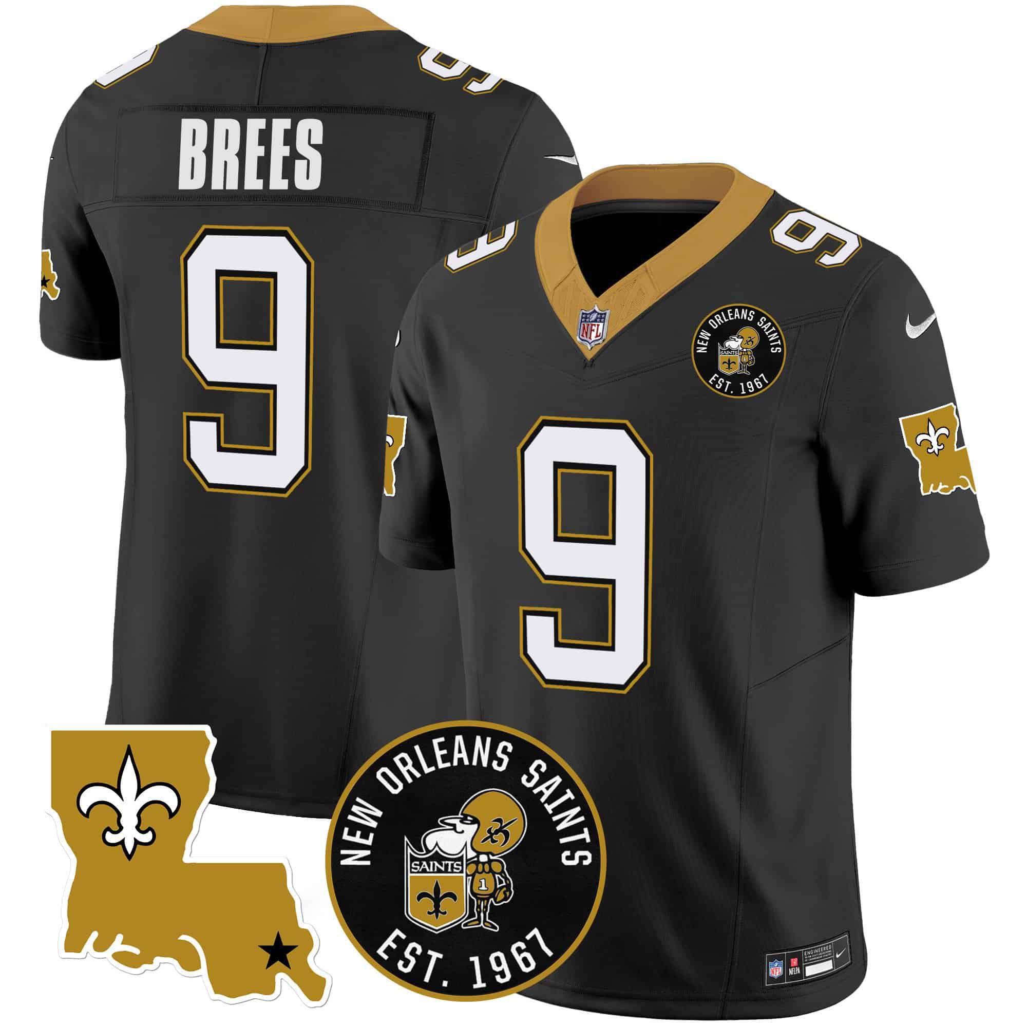 Men New Orleans Saints #9 Brees Black 2024 Nike 1967 Patch Vapor Limited NFL Jersey style 1